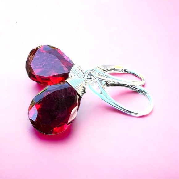 Sterling Silver Ruby Earrings Wire Wrapped , July Birthstone , 40th Anniversary - Picture 4 of 8